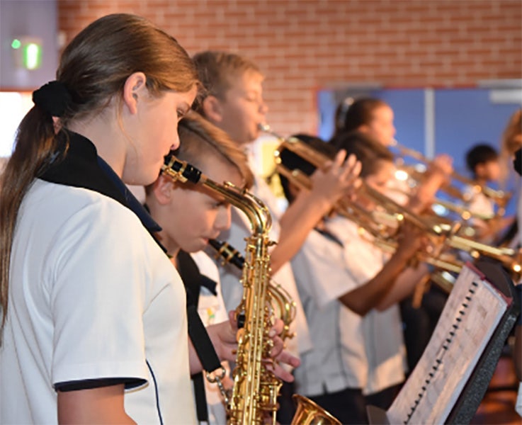 Students playing musical instruments in the school band